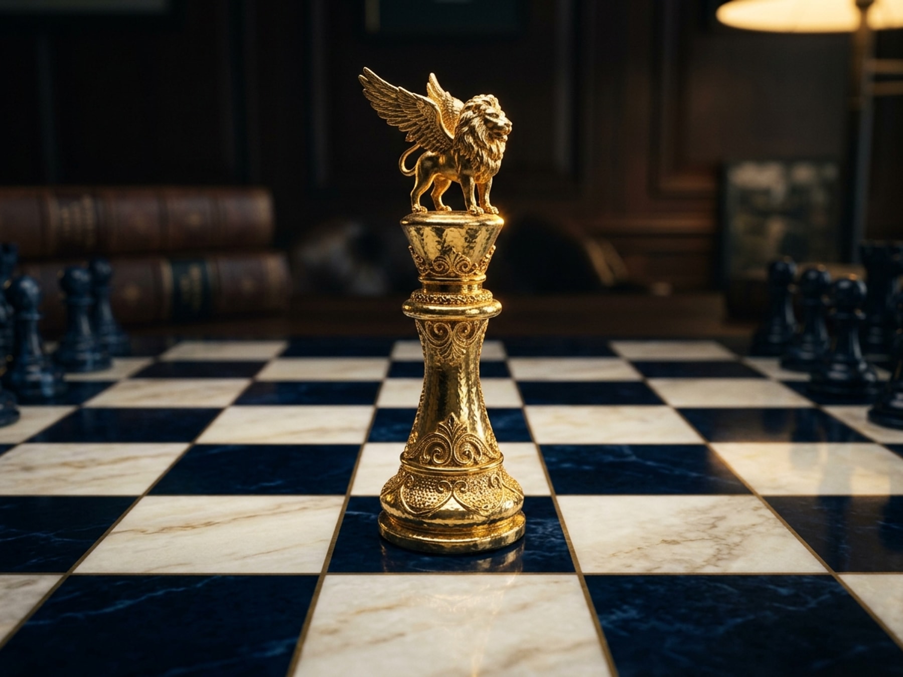 Gold sentinel chess piece — strategic planning